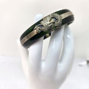 Vtg Green Glass Bangle Bracelet Silver Metal Dragon Accents